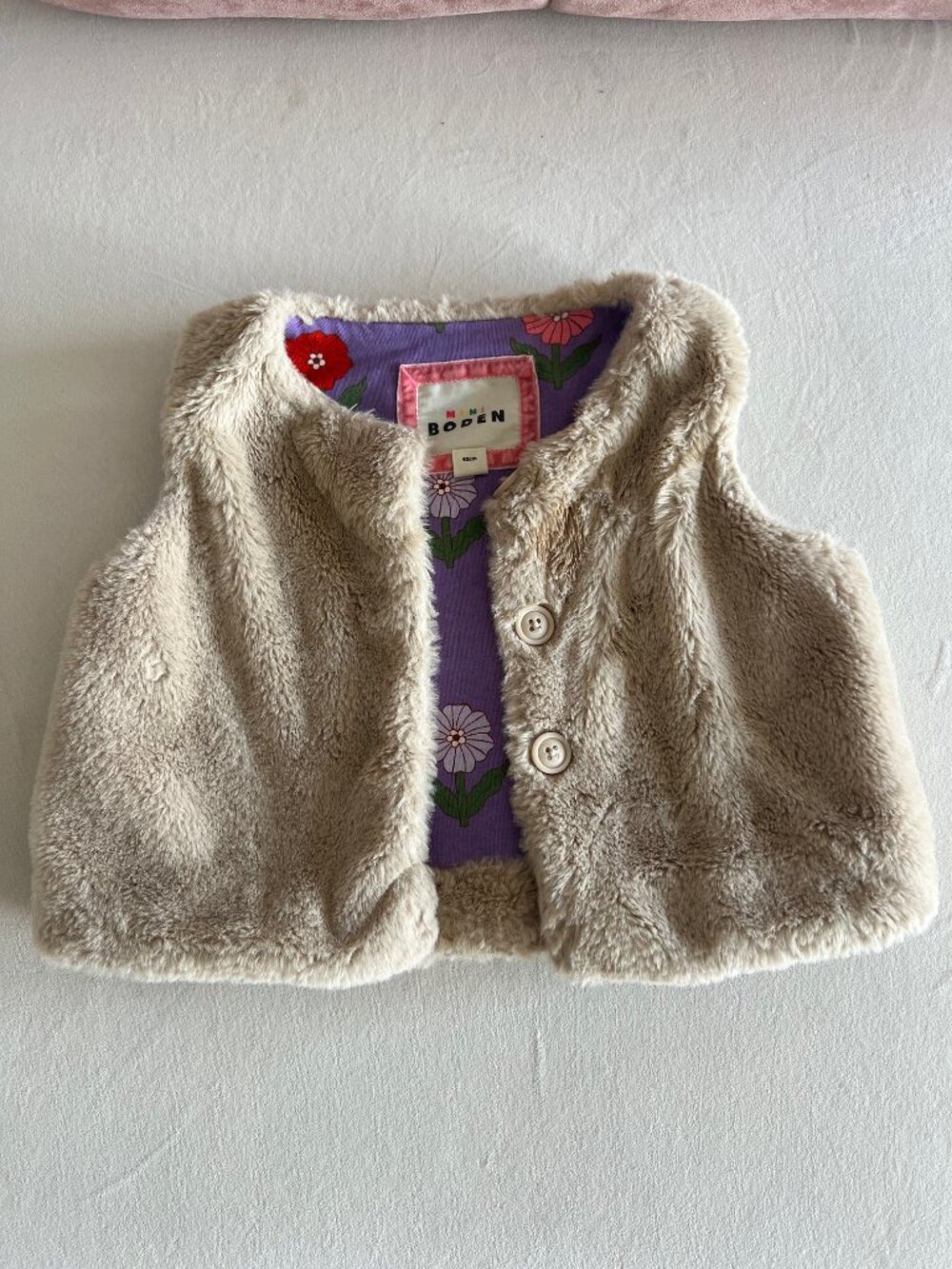 Mini Boden Faux Fur Vest in Cream, 18-24m